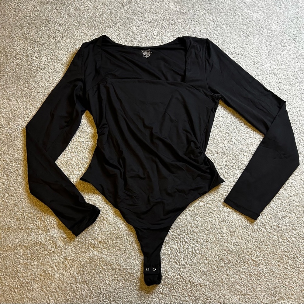Long Sleeve Bodysuit Square Neck Double Lined Ruched Snap Closure Top size XL - Picture 3 of 10